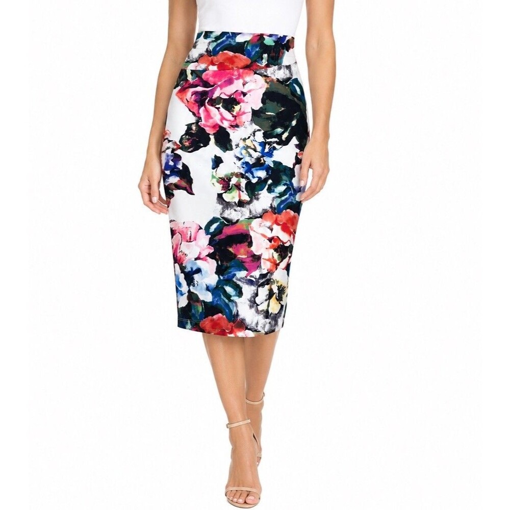 Bebe Floral Midi Pencil Skirt Bodycon Stretch Abstract Multi Y2K Club Women’s S